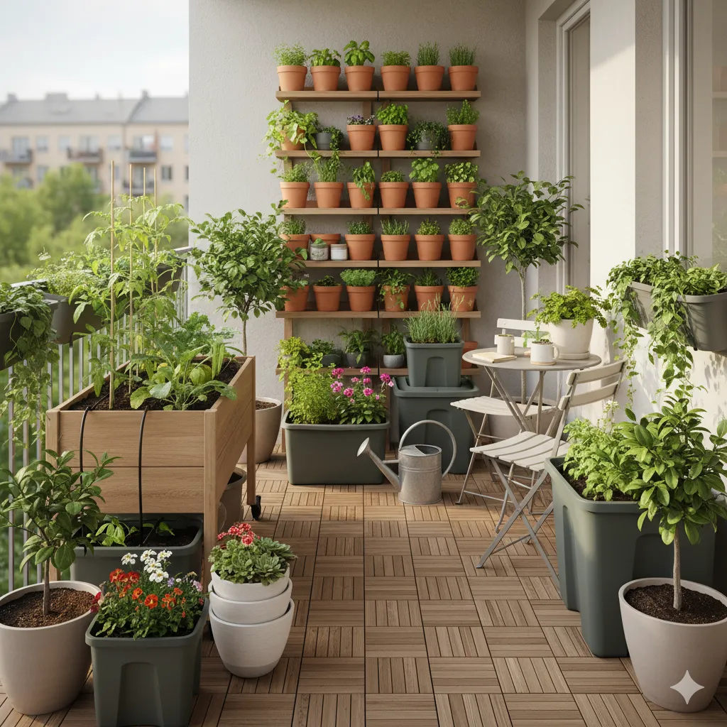 Apartment balcony with various containers and planters arranged efficiently