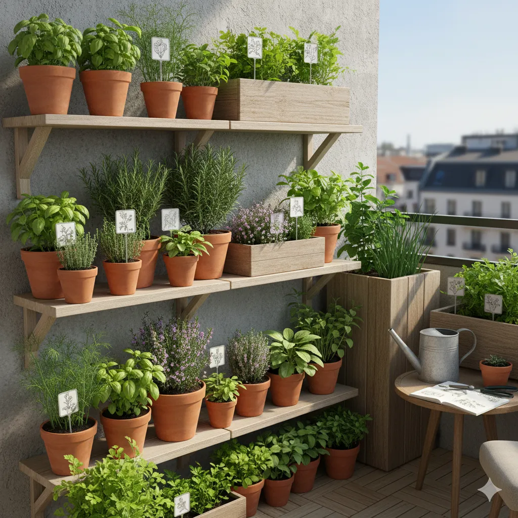 Balcony herb garden with various culinary herbs in containers